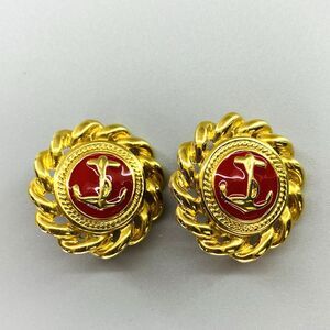 Vintage Gold Tone Red Enamel Nautical Anchor Clip On Earrings Statement